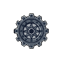 This pixel art image features a detailed, isometric-style cog rendered in muted grey and blue tones. The stationary gear, reminiscent of steampunk aesthetics, is precisely crafted and evokes a sense of mechanical functionality.