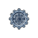 This pixel art showcases a meticulously crafted mechanical gear, its intricate design rendered in shades of blue-gray against a stark black backdrop. The detailed, concentric layers evoke a sense of technical precision and futuristic functionality.