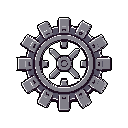 This pixel art image showcases a stylized grayscale gear, meticulously rendered to highlight its intricate mechanical design. The simple color palette and stark black background emphasize the gear's form and evoke a sense of industrial functionality.