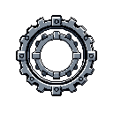 This pixel art image showcases a detailed, monochromatic mechanical gear, rendered in shades of grey and white to emphasize its metallic sheen and intricate design. The isolated, isometric view highlights the object's layered structure and industrial feel, creating a stark yet compelling focal point.