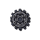 This pixel art showcases an intricately designed, stationary mechanical gear in cool grays, highlighting its robust form and solid engineering. Isolated against a black background, the detailed gear evokes a sense of timeless, steampunk-inspired machinery.