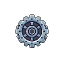 This pixel art depicts a detailed, slightly angled gear rendered in cool greys and blues against a black background. The intricate design, featuring multiple layers and 18 teeth, evokes a sense of mechanical precision and classic tech aesthetics.