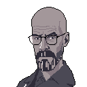 This pixel art bust captures the stern intensity of Walter White with impressive detail, showcasing his iconic bald head, goatee, and square glasses. The monochromatic palette and focused gaze create a serious and foreboding portrait of the infamous character.
