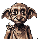 This pixel art portrait captures Dobby the house-elf with a gentle and slightly melancholic expression, focusing on his large eyes and pointed ears. Rendered in a muted, monochromatic palette, the image evokes a sense of nostalgia and vulnerability.