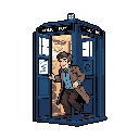 A cheerful character steps out of a blue police box, ready for adventure with a determined smile. This pixel art evokes a sense of nostalgia and excitement, hinting at fantastical travels and discoveries.