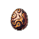 This pixel art features a single, intricately patterned egg, its warm earthy tones and swirling designs hinting at ancient mystery and hidden power. The object floats in a void, drawing all attention to its complex surface and enigmatic presence.