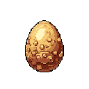 This pixel art image features a mysterious, textured egg-like object rendered in warm browns and golds. The detailed bumps and smooth curves create a sense of organic anticipation against a stark black background.