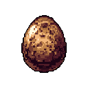 This pixel art features a large, mysterious egg with a textured, metallic-looking shell, bathed in dramatic light against a stark black background. The solitary egg evokes a sense of ancient power or impending transformation.