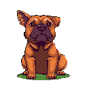 This pixel art features a cute, brown pug sitting patiently, its slightly melancholic expression adding a touch of nostalgia. The simple design focuses on the dog's wrinkly face and upright pose against a stark background.