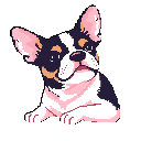 This charming pixel art shows a resting French Bulldog, rendered in a soft palette of pink, white, black, and tan. The adorable pup's relaxed pose and inquisitive gaze are emphasized against a stark black backdrop.