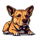 A pixel art portrait captures a resting dog with pointed ears, its melancholic expression and earthy tones creating a peaceful yet somber mood. The close-up focuses on the dog's detailed features against a stark black background.