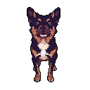 This pixel art portrait features an alert Rottweiler-like dog with a calm, inquisitive expression. The dark purple-blue and brown hues create a striking and focused depiction of the breed.