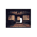 This pixel art depicts a quiet, nostalgic scene of a traditional Japanese building at dusk, softly illuminated against the dark. The muted color palette and detailed windows evoke a sense of peaceful stillness.
