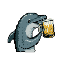 A pixel art dolphin enjoys a frothy mug of beer, its flipper wrapped around the glass in a whimsical and humorous scene. The simple style and quirky subject create a lighthearted, retro vibe.