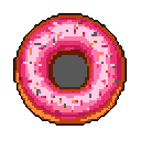 This pixel art image features a vibrant pink-frosted donut with colorful sprinkles against a stark background. The simple design evokes a nostalgic, sweet treat rendered in classic pixelated style.