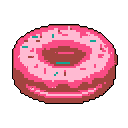 This pixel art showcases a delicious, front-facing donut with bright pink icing and teal and brown sprinkles. Its simple design and vibrant colors evoke a playful, nostalgic feel.