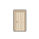 This pixel art piece features a closed, four-panel door rendered in muted tan tones against a stark black backdrop. The simple silver handle hints at a hidden space, creating a sense of quiet anticipation.