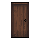 A solitary pixel art wooden door stands in stark contrast against the complete darkness, its simple design hinting at mystery and untold possibilities. The aged texture and single doorknob invite viewers to imagine what lies beyond.