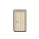 A pixel art image presents a simple, beige door with recessed panels and a lever handle, standing alone against a stark black void. The muted tones and centered composition create a sense of isolation, focusing attention solely on this ordinary object.