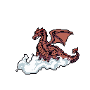 A fierce pixel art dragon, rendered in earthy tones with striking red eyes, prepares for action amidst a cloud of smoke or mist. The creature's aggressive stance and unfurled wings evoke a sense of contained power and imminent threat.
