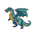 This pixel art depicts a fierce teal dragon in mid-roar, its vibrant orange-yellow accents popping against a stark black background. The detailed sprite evokes classic fantasy games with its dynamic pose and bold color palette.