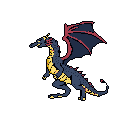 This pixel art showcases a powerful dragon in profile, rendered in dark blue with striking yellow and red accents, wings spread ready for flight. The creature's regal yet menacing appearance is emphasized by the minimalist design.