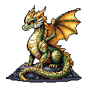 A majestic, young green and gold dragon rests on a rocky perch, its intelligent gaze hinting at ancient power. The detailed pixel art captures a moment of quiet grandeur, evoking a sense of mythical wonder.