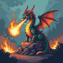 A ferocious green pixel art dragon dominates the scene, breathing a vibrant stream of fire atop a rocky outcrop. Its dynamic pose, glowing red eyes, and partially unfurled wings convey power and danger. The intense flames contrast with a murky sky, creating a captivating and energetic mood.