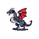 This pixel art image showcases a powerful, dark blue-grey dragon in profile, poised and ready with spread wings and a fiery red eye. The creature's dynamic pose and stark color palette against a black background create a bold, retro gaming-inspired aesthetic.