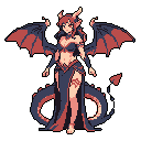 This pixel art image features a graceful dragon girl with bat-like wings and a heart-tipped tail, adorned in ornate, dark attire. The character's design balances elegance and subtle power, set against a simple black background.