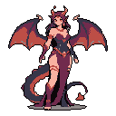 A confident, pixelated succubus or dragon-like woman with striking wings and a mischievous smile stands poised against a stark black background, radiating dark fantasy elegance. Her ornate attire, intricate details, and rich color palette create an alluring and powerful aesthetic.