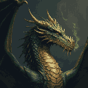 A majestic pixel art dragon, rendered in earthy tones, is captured in a close-up portrait, exuding ancient power and stoicism as smoke subtly glows from its nostrils. The creature's intense gaze and partially visible wings hint at a mythical presence.