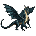 A powerful pixel art dragon dominates the scene with outstretched wings and a commanding presence. Rendered in blues, teals, and creams with touches of gold, the majestic creature evokes a sense of fantasy and awe.