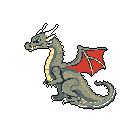 This pixel art features a cute yet mischievous gray and yellow-beige dragon in profile, its red wing adding a striking contrast. The small dragon sports a slight smirk and visible teeth, hinting at a playful but potentially fierce nature.