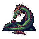 A powerful, dark green sea serpent with glowing orange eyes and fiery fins rests coiled against a black backdrop, exuding an aura of ancient majesty and dormant power.