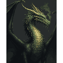 A majestic, ancient dragon dominates the frame in this pixel art portrait, its stoic expression and curling smoke hinting at immense power and wisdom. Rendered in a muted palette of greens and yellows, the detailed rendering and formidable presence create a timeless, ominous feel.