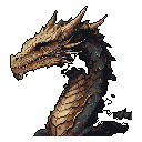 This pixel art showcases the head of a majestic dragon or sea serpent, its intricate scales and horn-like protrusions rendered in earthy tones. The detailed, serpentine creature exudes ancient power and a stoic, quiet grandeur.