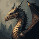 A majestic, pixelated dragon dominates the frame with its stoic gaze and intricate metallic scales, radiating ancient power against a muted fantasy landscape. The earthy color palette and detailed rendering evoke a sense of awe and classic fantasy.