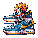 This pixel art mashup features Super Saiyan Goku's head and upper torso emerging from a Nike Air Force 1 sneaker. The vibrant fusion of anime icon and iconic footwear creates a cool and energetic pop culture statement.