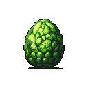 A solitary, textured green seed or egg, rendered in detailed pixel art, takes center stage against a stark black background. The monochromatic green palette and strategic lighting highlight its bumpy surface, creating a mysterious and organic vibe.