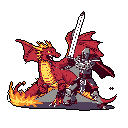 A pixelated red dragon faces a dark-armored knight in a high-fantasy showdown, sword raised and flames flickering, capturing a retro gaming aesthetic of epic conflict.