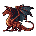 A majestic, red pixel art dragon sits poised and alert against a muted background, its earthy tones and classic style evoking a sense of ancient power.