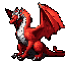 A powerful, red-scaled European dragon sits alert, its wings partially spread in this striking pixel art image. The vibrant design and classic pose evoke a sense of mythical strength and dignity.