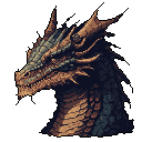This pixel art portrait captures the intense gaze of a powerful dragon, its sharp features and muted color palette conveying ancient strength. The detailed shading and desaturated tones create a gritty realism, emphasizing the creature's formidable nature.