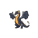 A powerful, slate-grey pixel art dragon with fiery orange and yellow accents stands ready to roar, its wings spread wide. The stylized creature exudes contained power and mythical presence.