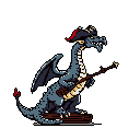 A confident, pixelated dragon pirate stands ready for adventure, gripping a musket and sporting a classic tricorn hat. Against a stark black backdrop, this whimsical character blends fantasy with historical flair.
