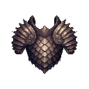 This pixel art showcases a detailed, scaled breastplate with spiked shoulder pieces, rendered in shades of brown and gray. The design evokes a sense of strength and ancient protection.