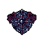 This pixel art showcases a symmetrical, dark fantasy shield emblem in deep blues, purples, and striking red accents. The intricate design and metallic sheen evoke a sense of power and ominous significance.