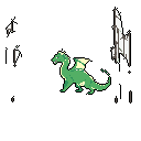 A small, green pixel art dragon stands in stark contrast against a vast darkness, its pale yellow wings and eye adding a touch of vibrancy. Abstract, jagged shapes hint at a distant landscape, emphasizing the creature's isolation in the mysterious scene.