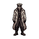 This pixel art features an imposing figure in a military-style coat and cap, his expression obscured by dark glasses, projecting an air of authority and mystery. The monochromatic palette and stark pose contribute to a serious and slightly ominous vibe.